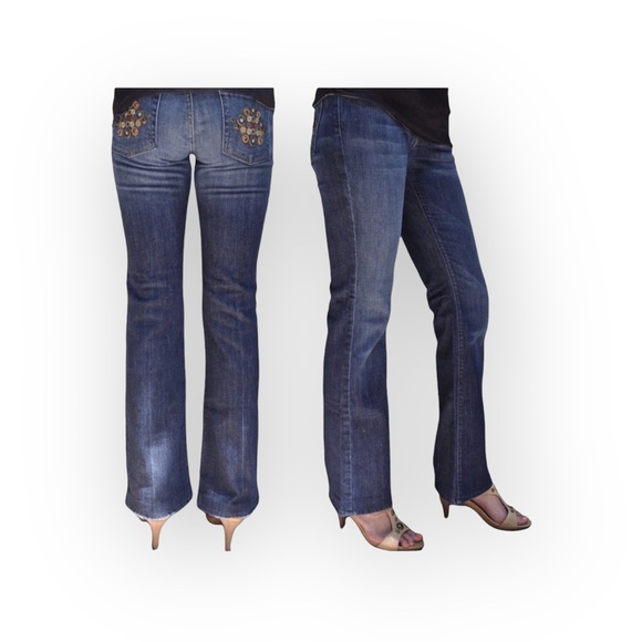 new 7 For All Mankind® ☯︎︎ Gold Medallion Embroidered Bootcut Jeans ☯︎︎ NY Dark - Picture 2 of 16